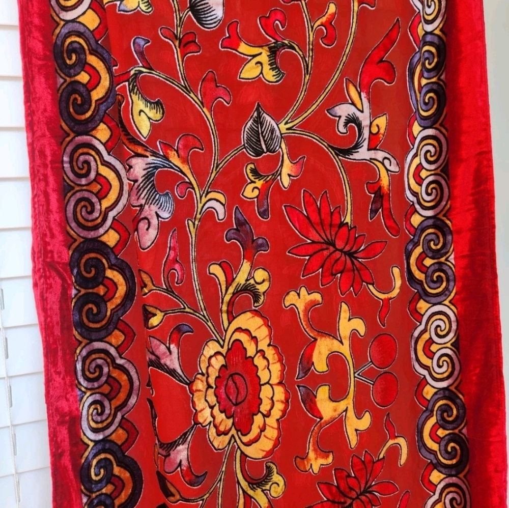 J&X NY Red Floral Silk Viscose Velvet Burnout Fringed Scarf Shawl Wrap 76x20 - Picture 12 of 16